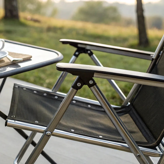 Folding chair for indoor and outdoor use.