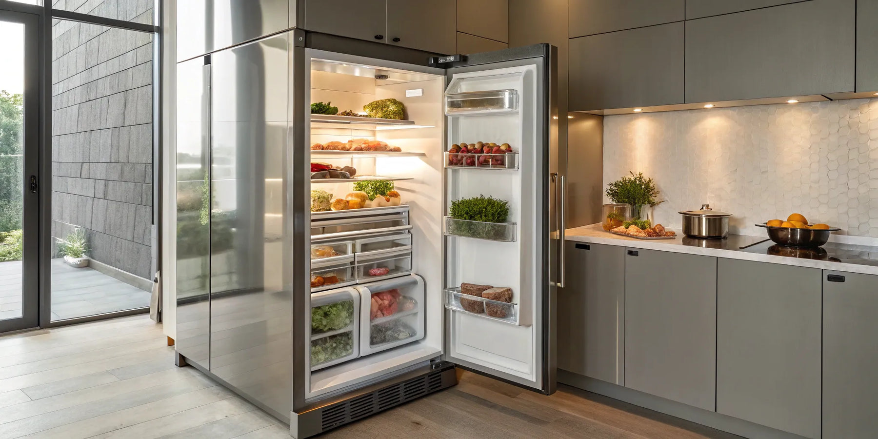 Open stainless steel industrial fridge in a commercial kitchen, showing its large storage capacity.