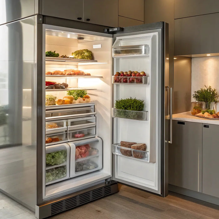 Open stainless steel industrial fridge in a commercial kitchen, showing its large storage capacity.