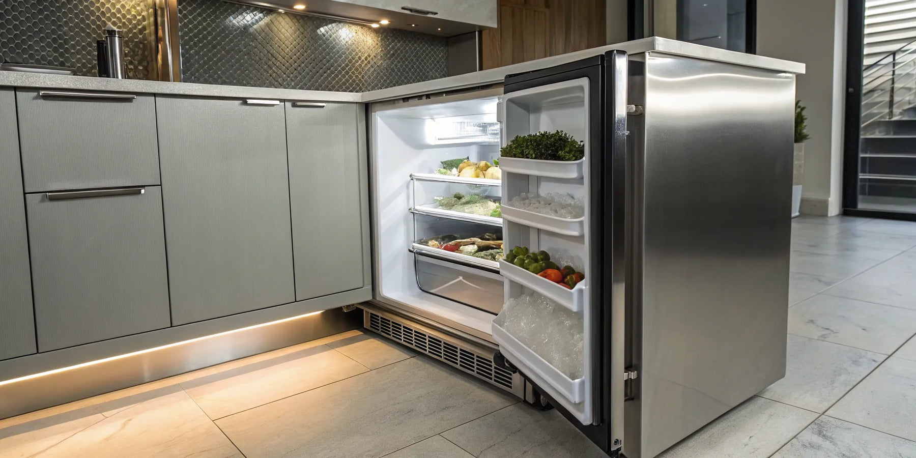 24-inch undercounter freezer with open door, revealing organized frozen food storage.