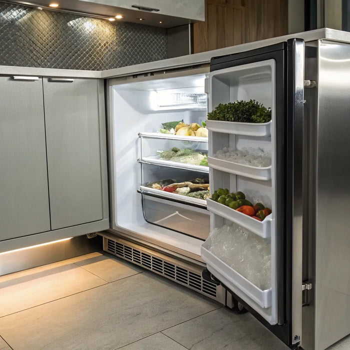24-inch undercounter freezer with open door, revealing organized frozen food storage.