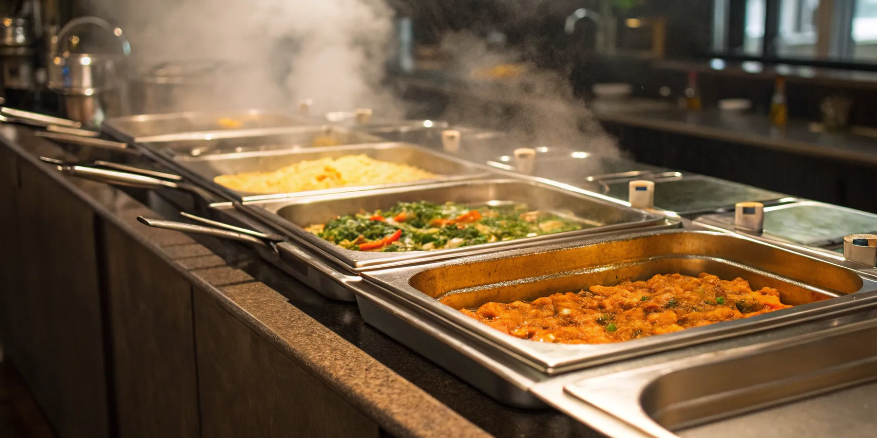 4-well steam table emitting steam on a table.