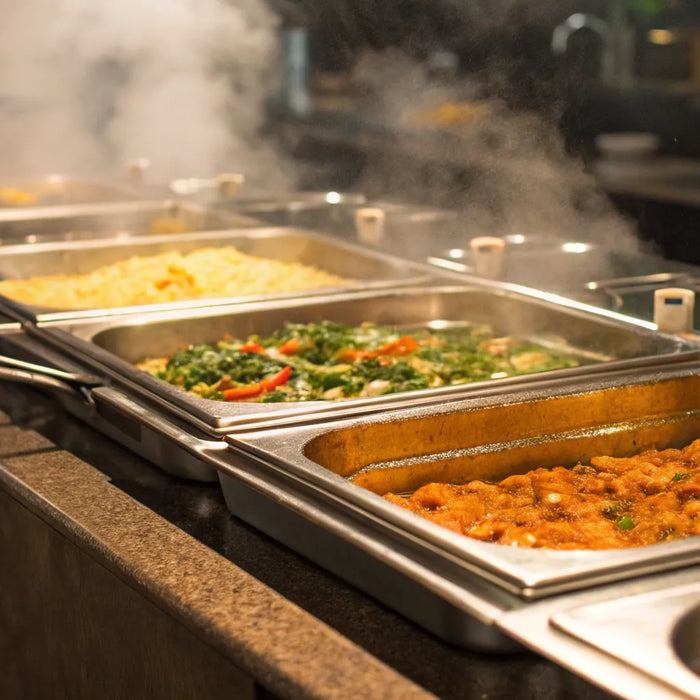 4-well steam table emitting steam on a table.