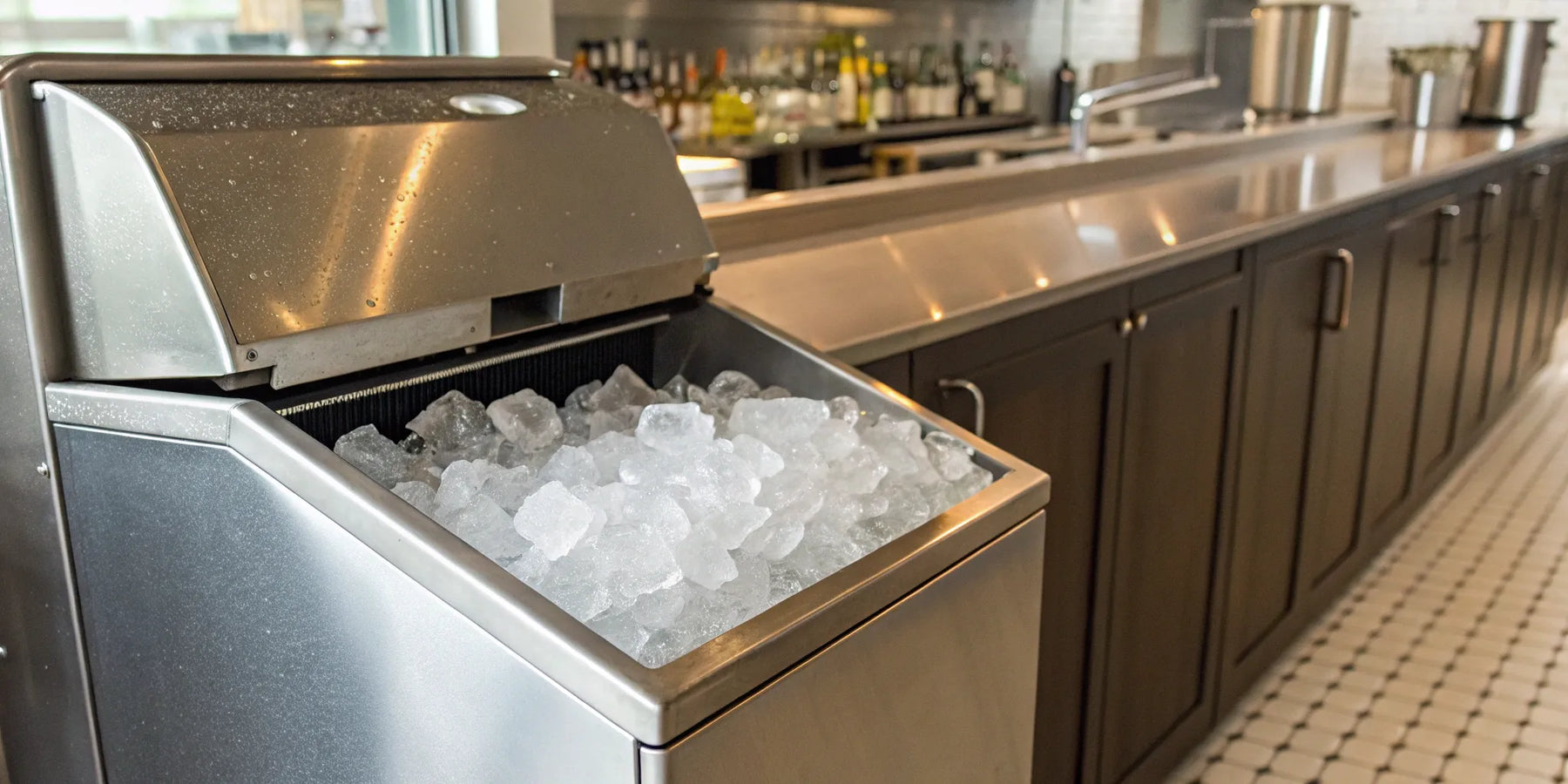Ice cubes in a commercial bar ice machine.