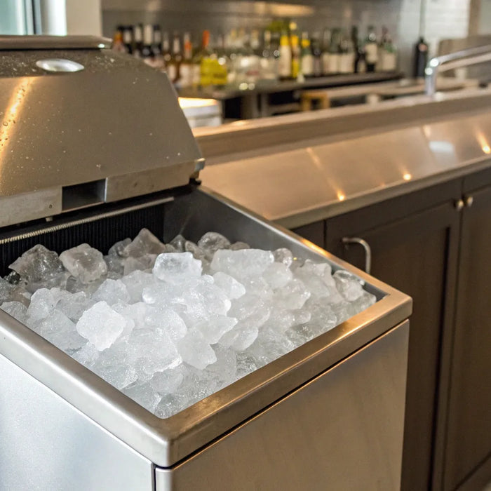 Ice cubes in a commercial bar ice machine.