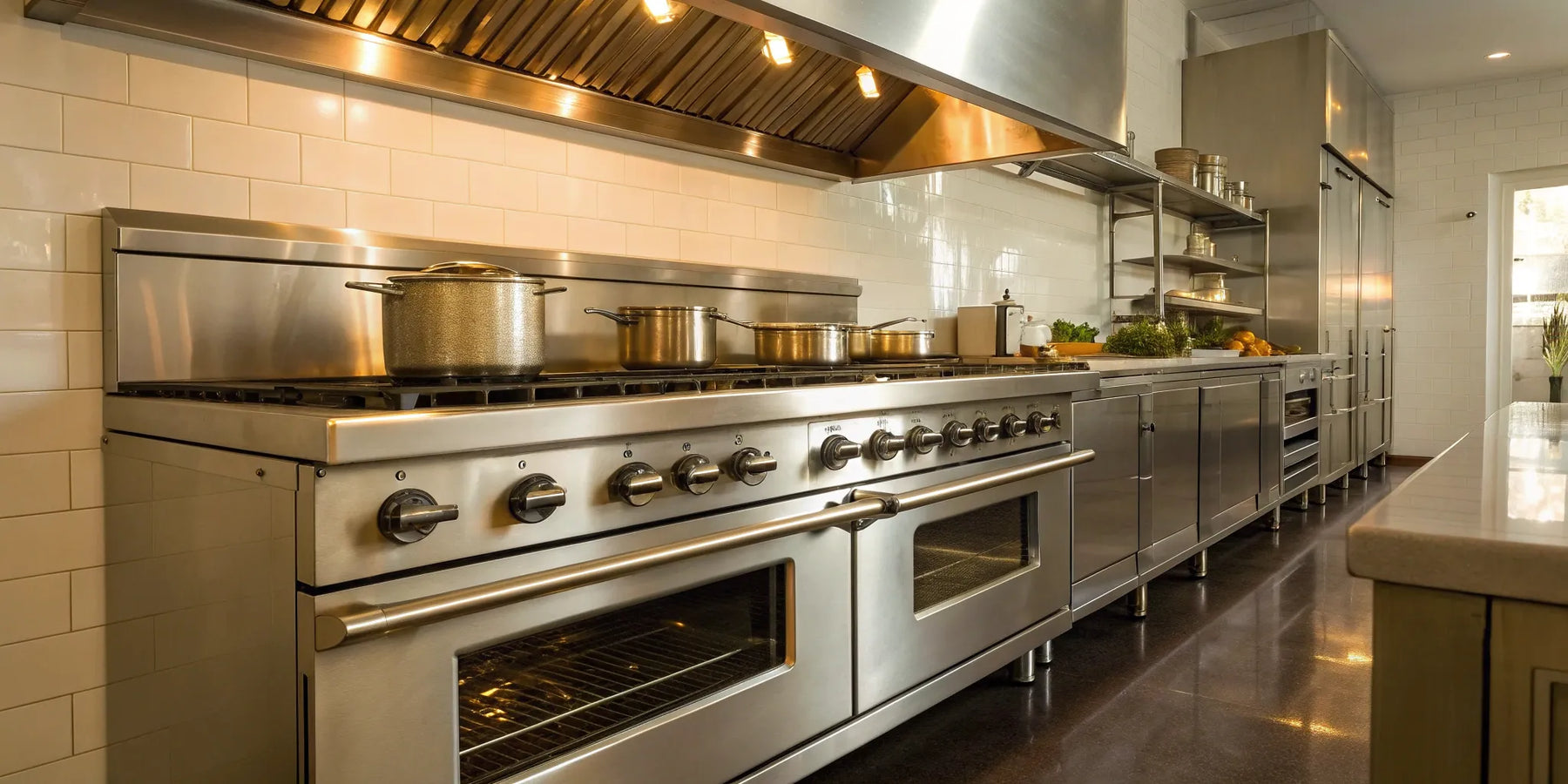 A commercial stainless steel burner oven with multiple burners in a professional kitchen.