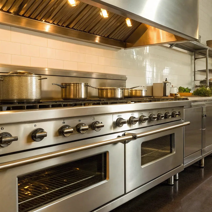 A commercial stainless steel burner oven with multiple burners in a professional kitchen.