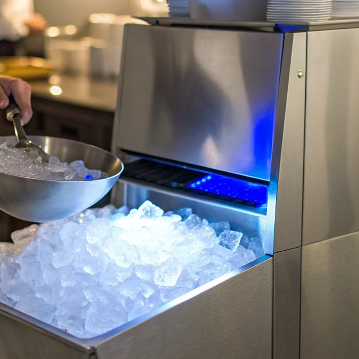 Scooping ice from a commercial ice machine.