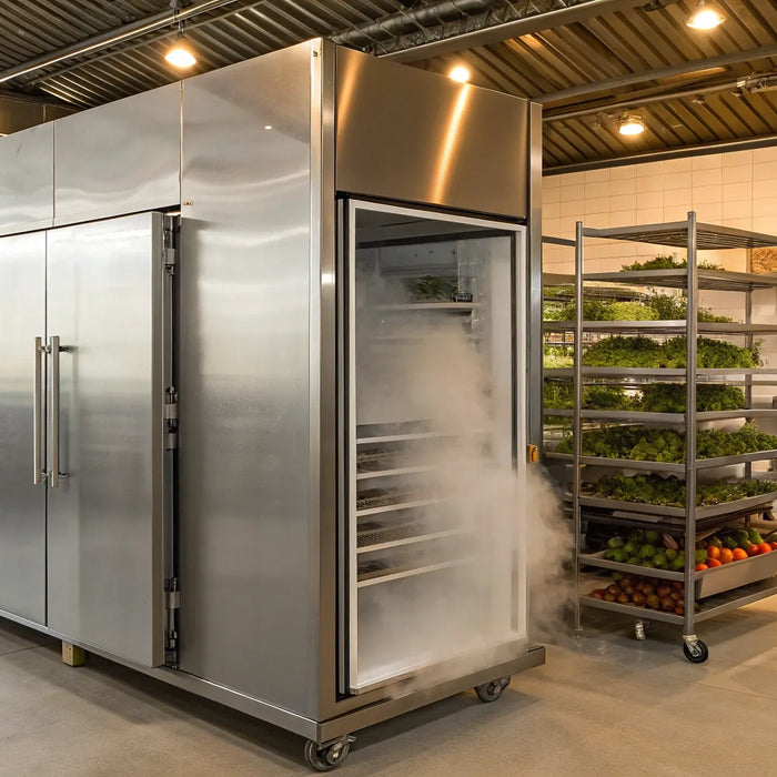 Large, open commercial freezer.