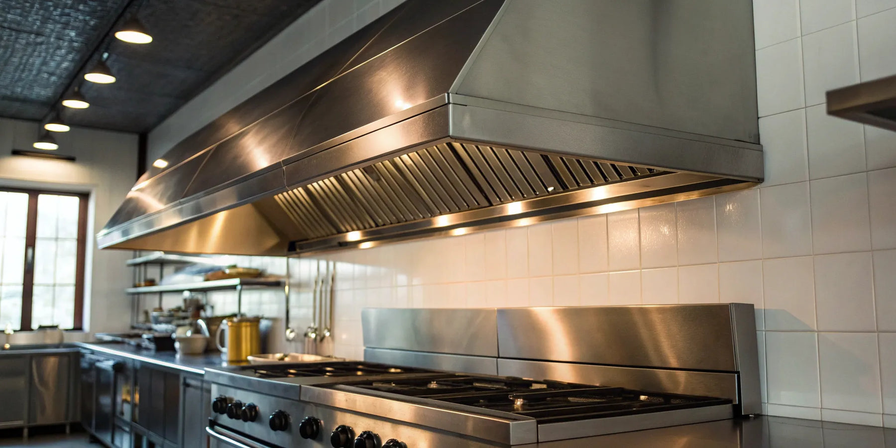 A stainless steel restaurant hood installed in a commercial kitchen for proper ventilation and safety.
