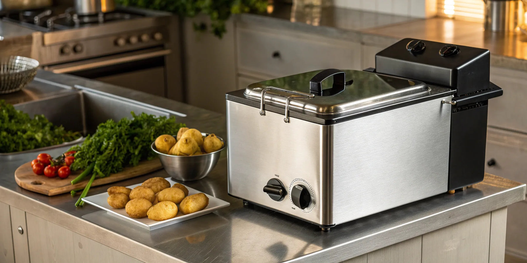 A commercial table top fryer on a stainless steel counter with a basket of fresh potatoes.