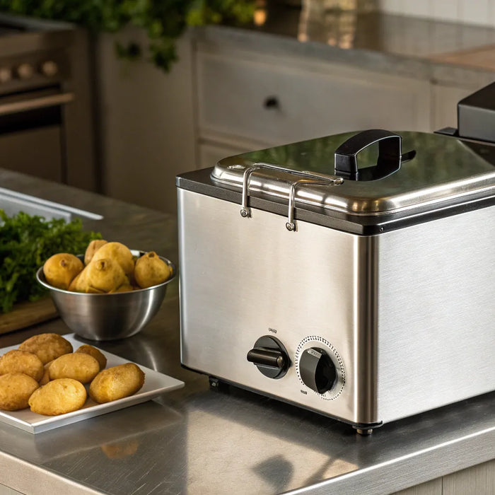 A commercial table top fryer on a stainless steel counter with a basket of fresh potatoes.