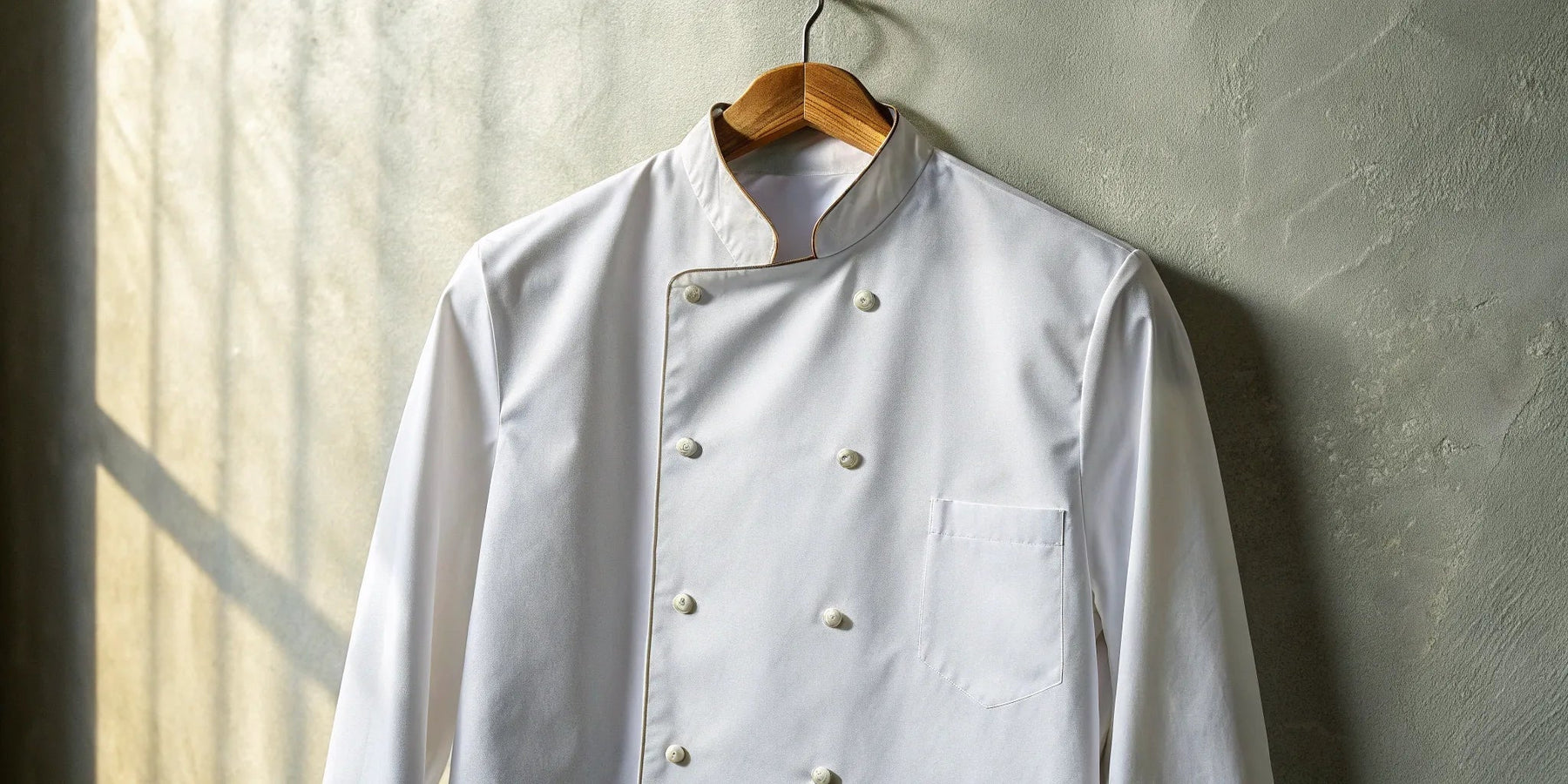 Classic white chef coat on a hanger.