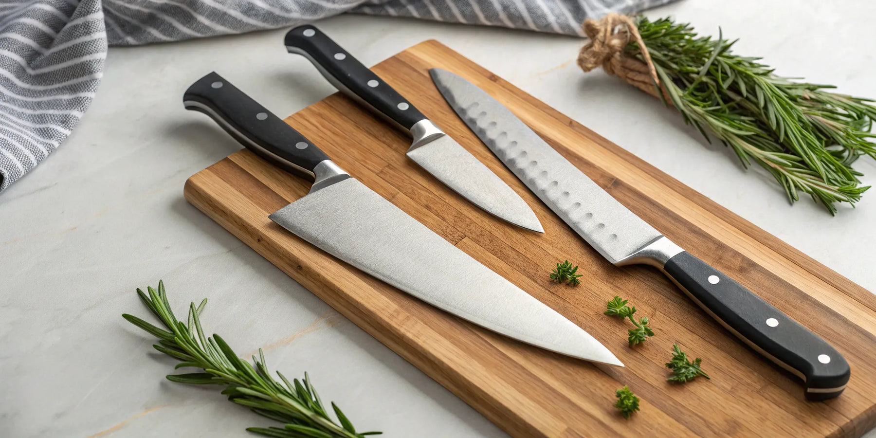 Chef knife on cutting board.