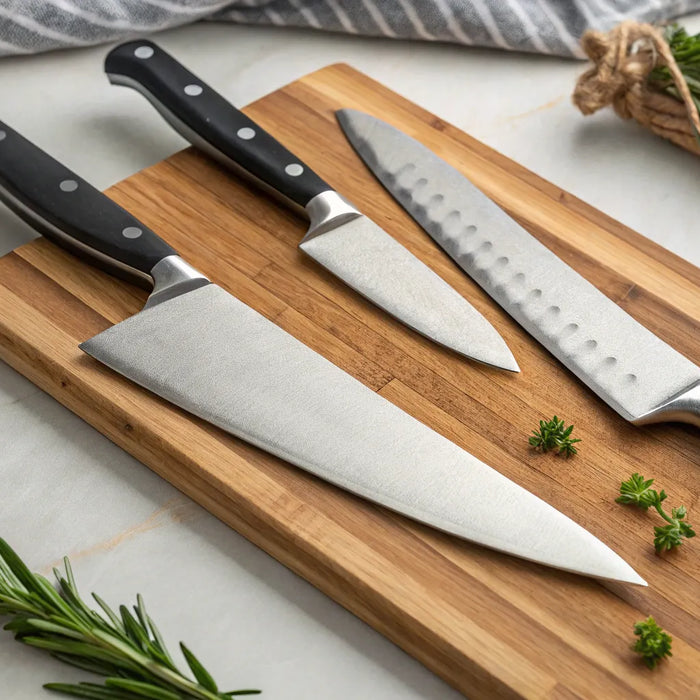 Chef knife on cutting board.