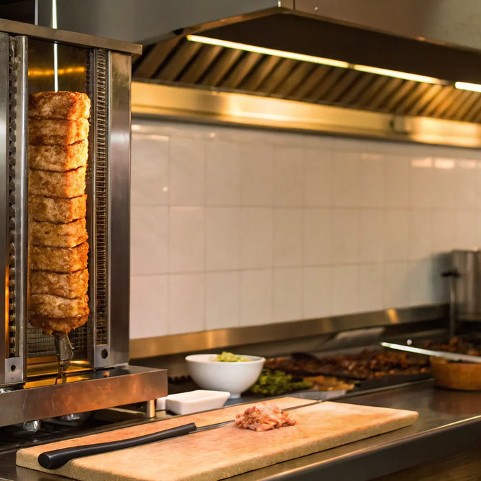 Gyro machine cooking meat in a commercial kitchen.