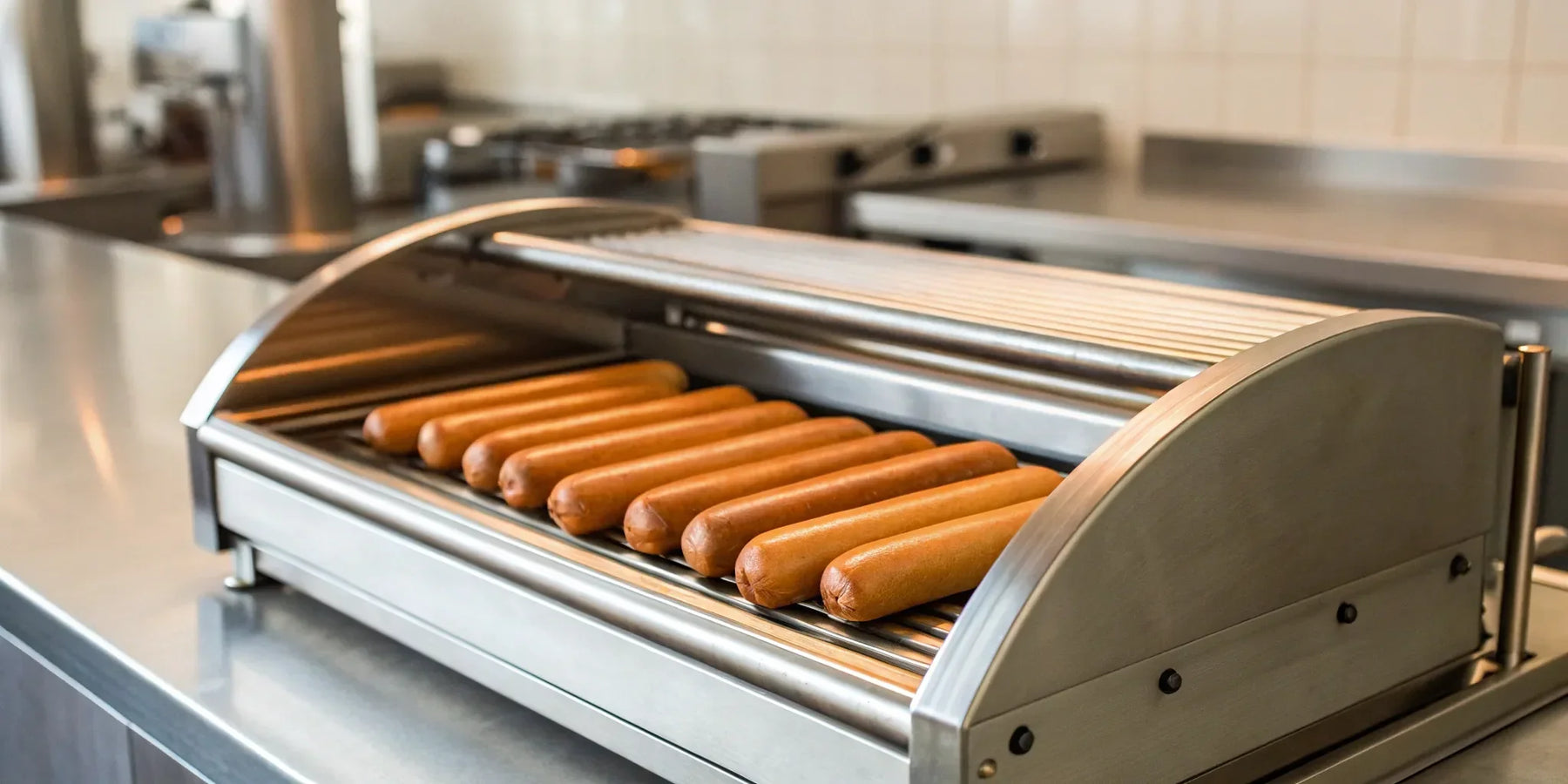 Hot dogs rotate on a commercial hot dog roller.