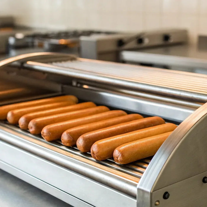 Hot dogs rotate on a commercial hot dog roller.