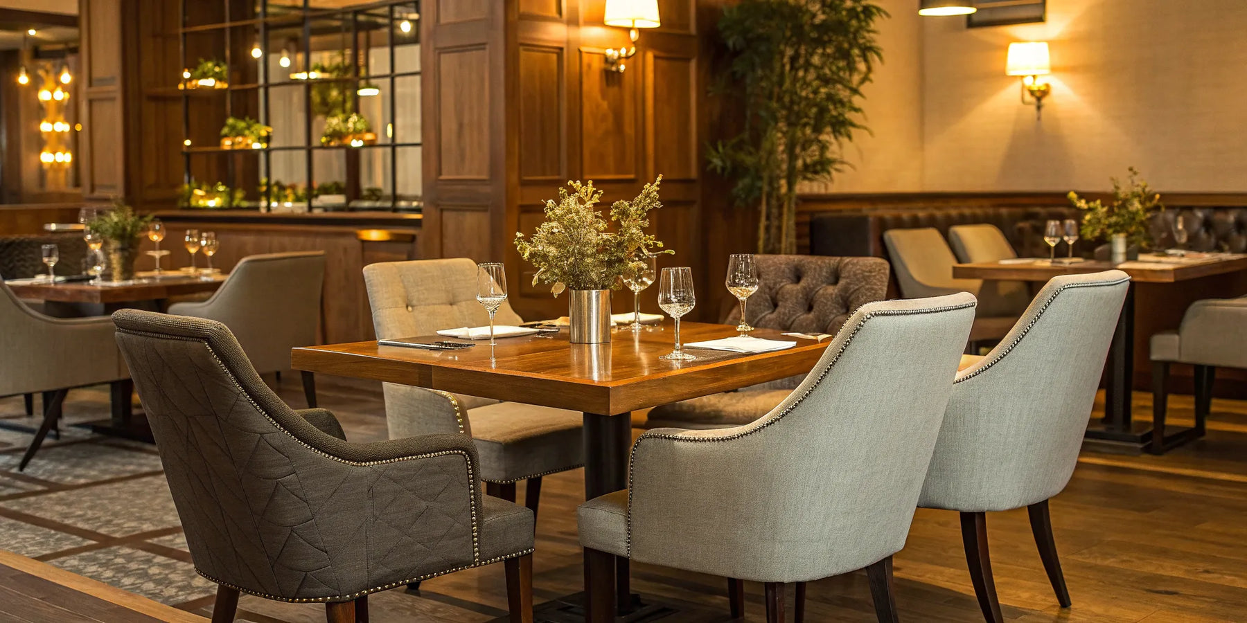 Restaurant furniture: Tables, chairs, and place settings.