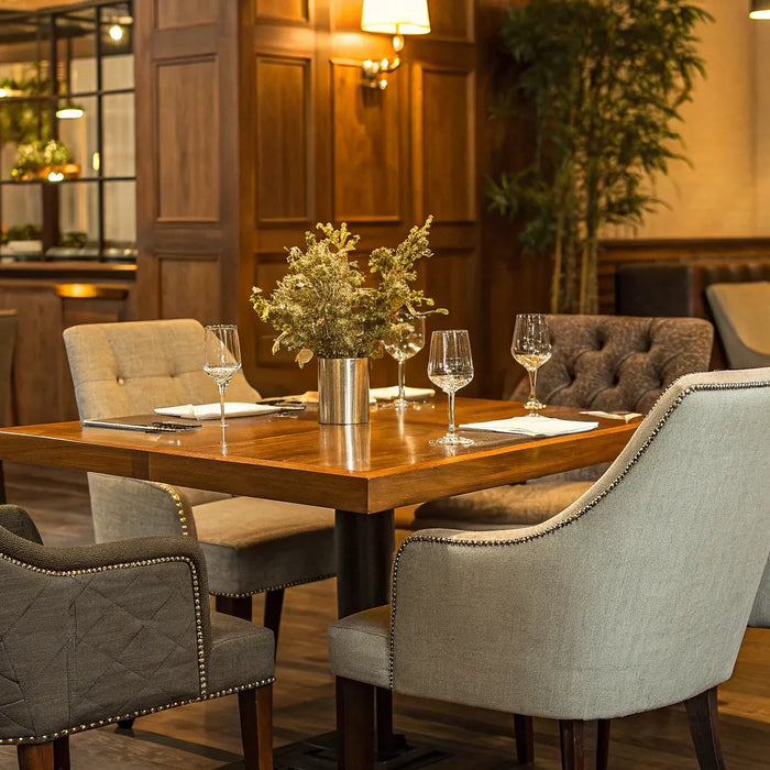 Restaurant furniture: Tables, chairs, and place settings.