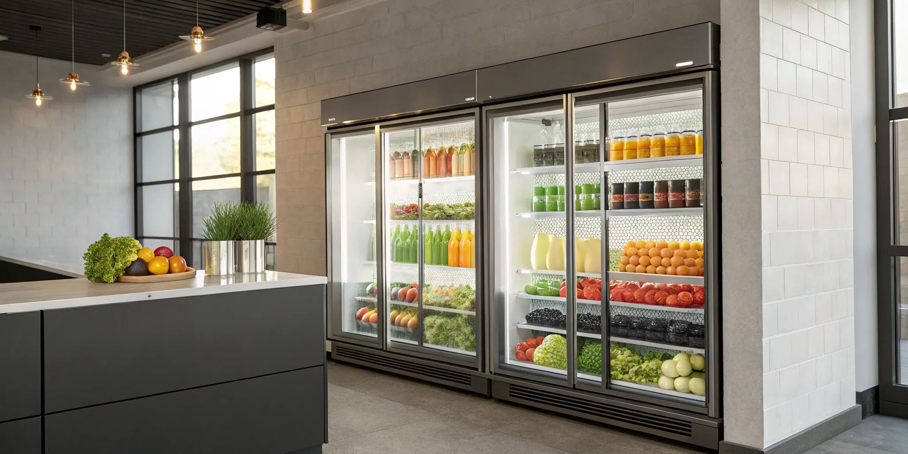 Display fridges stocked with drinks and produce.