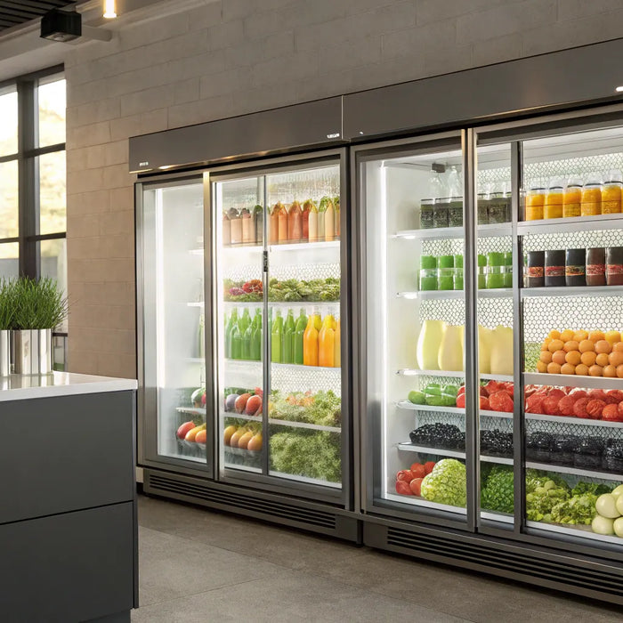 Display fridges stocked with drinks and produce.