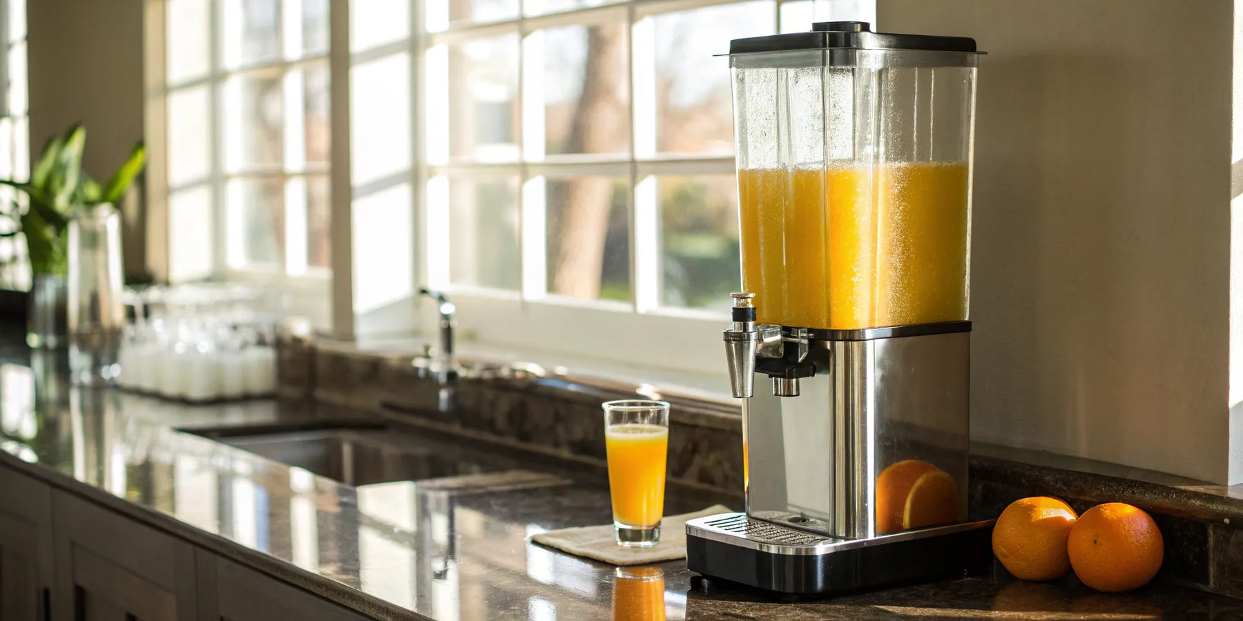 Commercial juice dispenser with fresh oranges.
