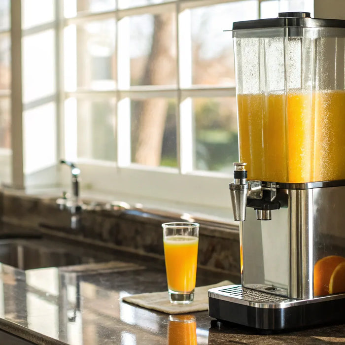 Commercial juice dispenser with fresh oranges.