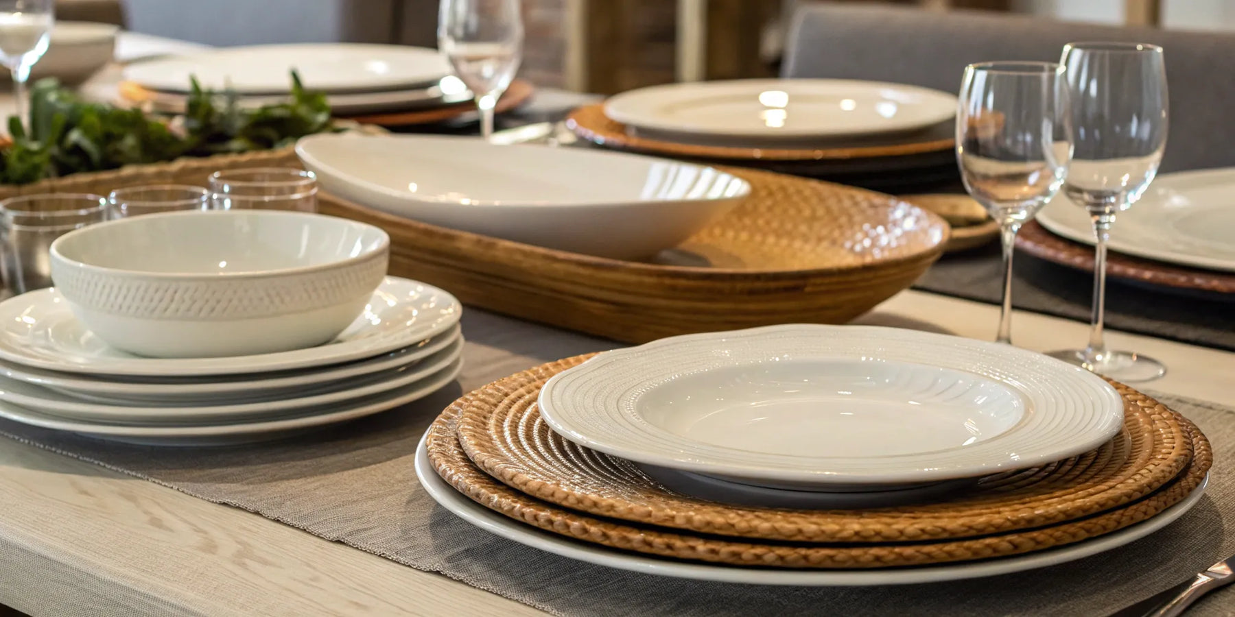 Stack of white restaurant plates on woven placemats.