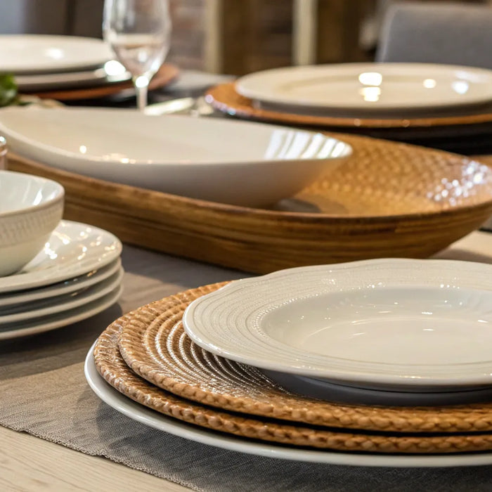 Stack of white restaurant plates on woven placemats.