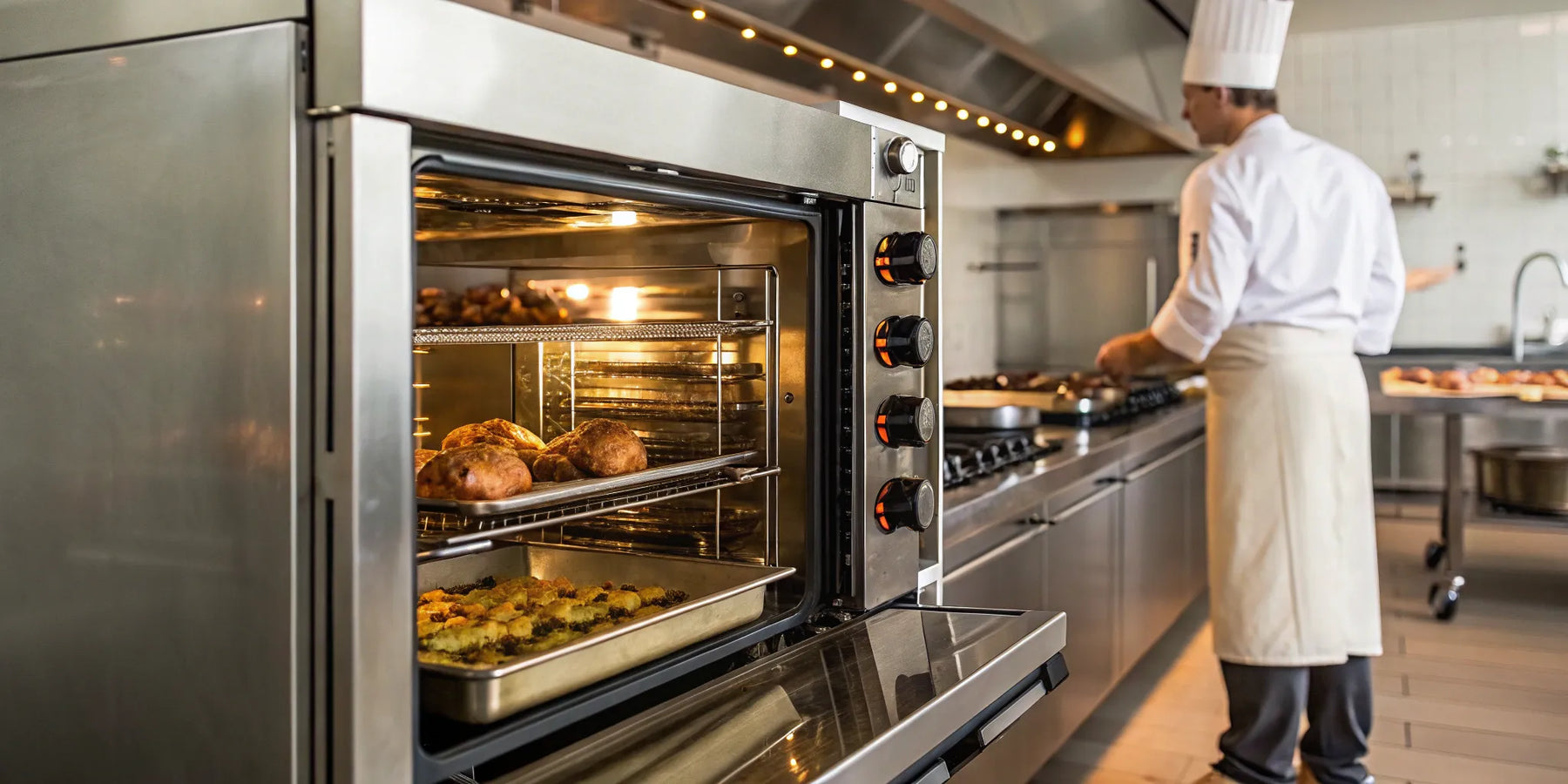 Commercial combined oven in a restaurant kitchen.
