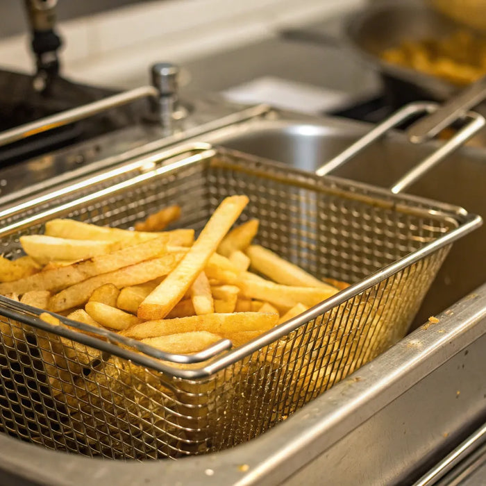 Commercial deep fryer basket filled with golden french fries.