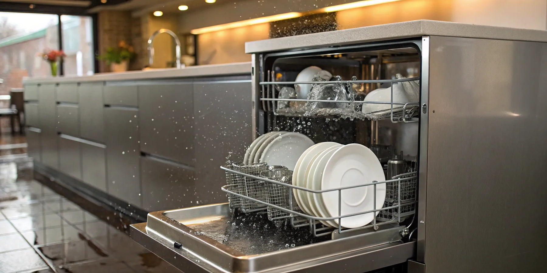 Commercial dishwashing machine with loaded dishes.