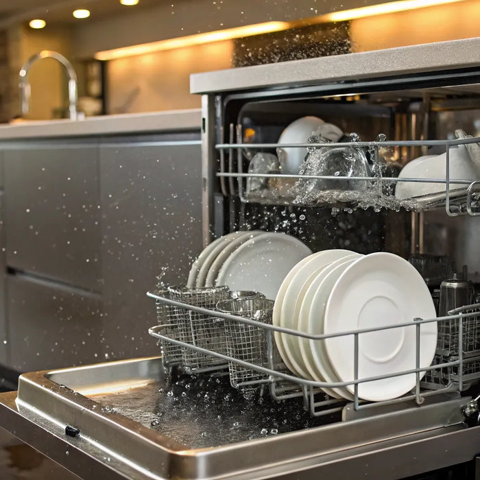 Commercial dishwashing machine with loaded dishes.