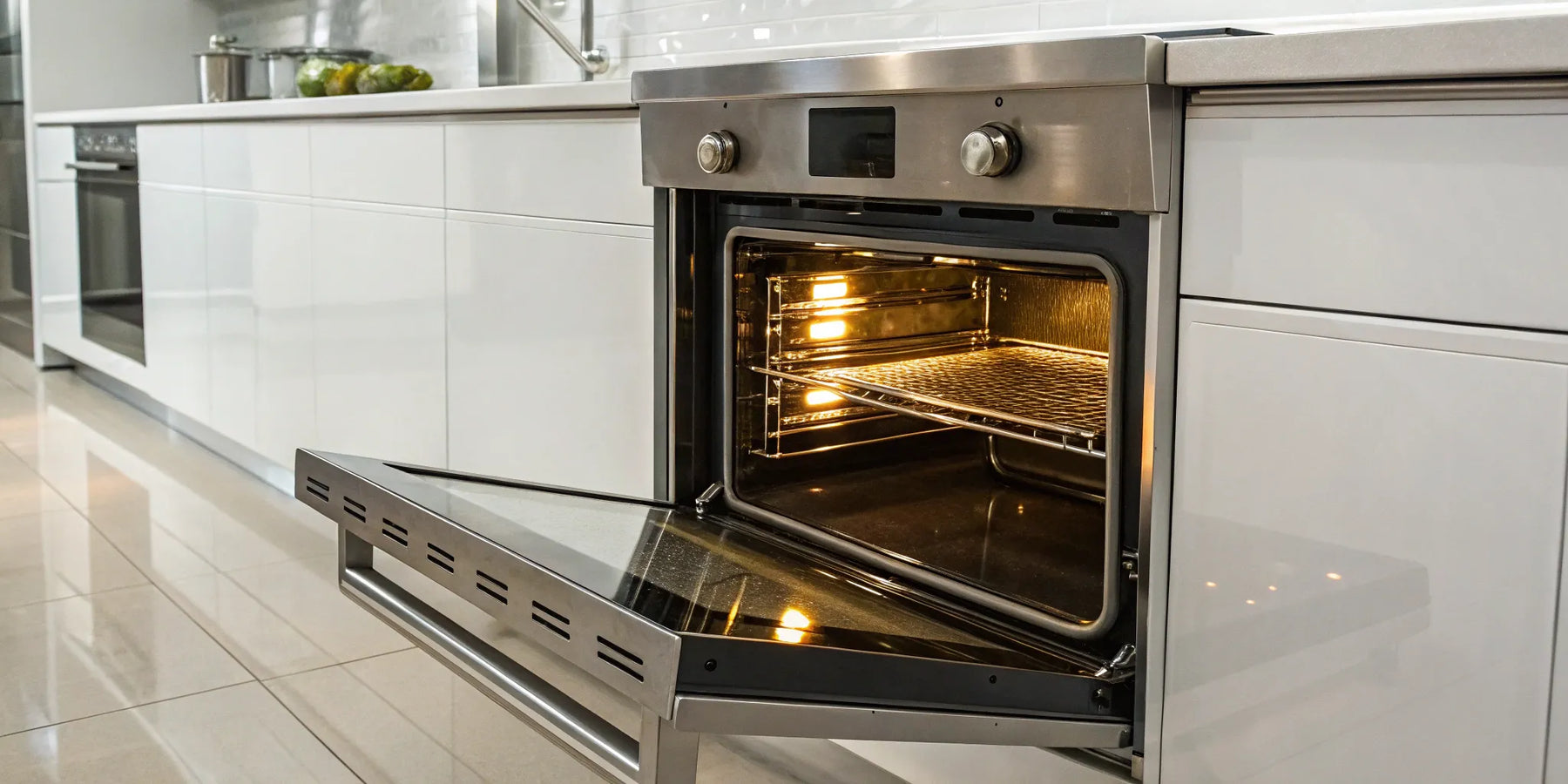 Commercial electric oven interior with racks and lighting.