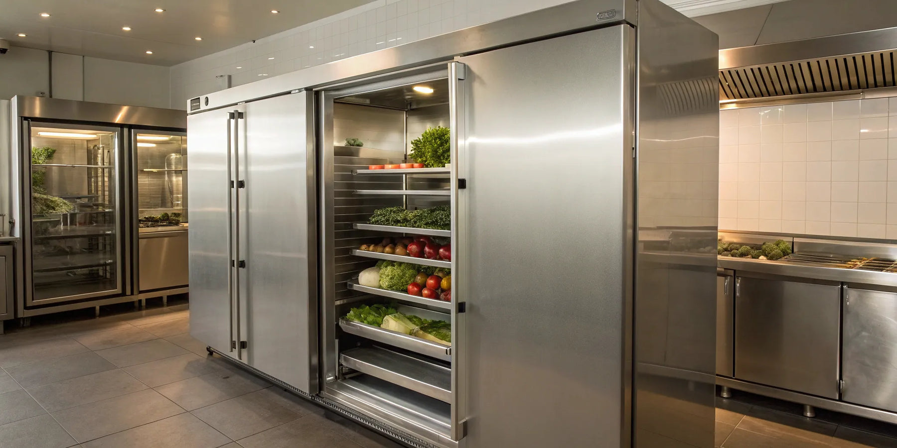 Commercial freezer with organized shelves.