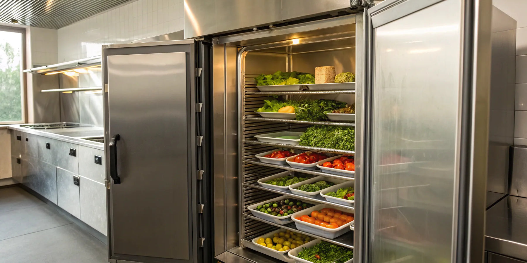 Organized frozen food in a commercial freezer.