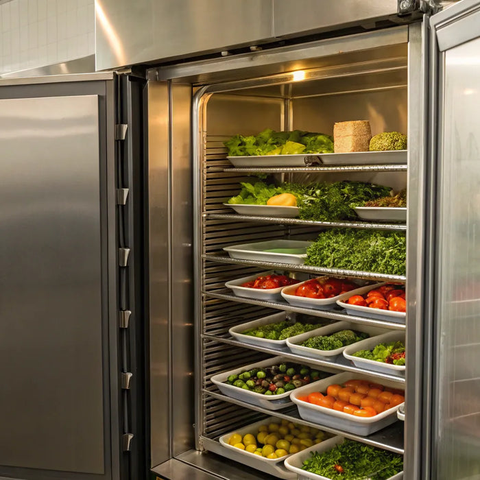 Organized frozen food in a commercial freezer.