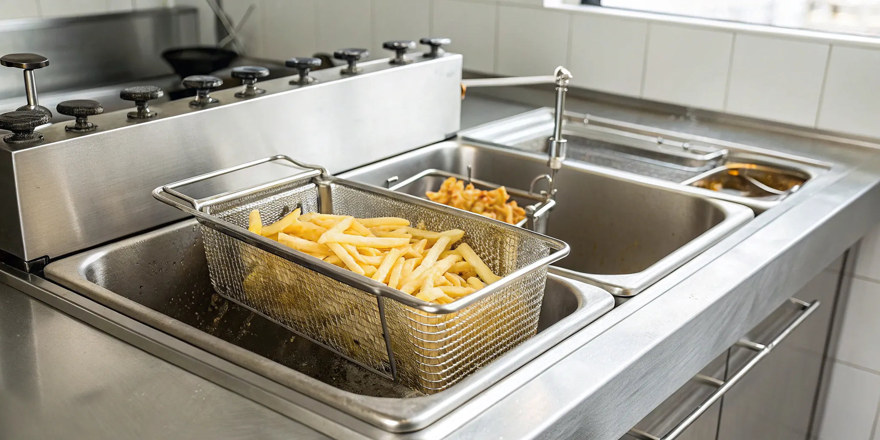 Commercial fryer basket of fries.