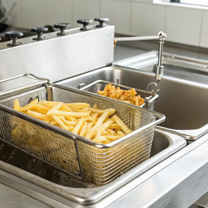 Commercial fryer basket of fries.