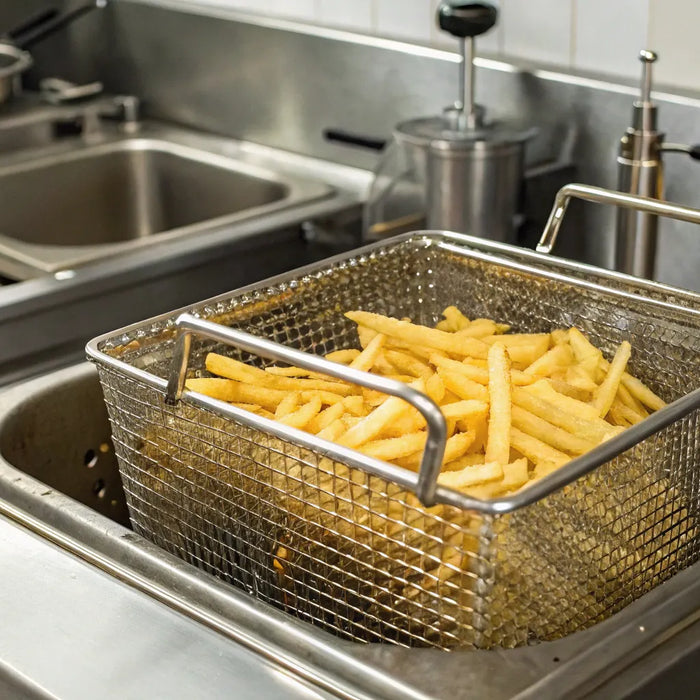 Commercial fryer basket filled with golden french fries.
