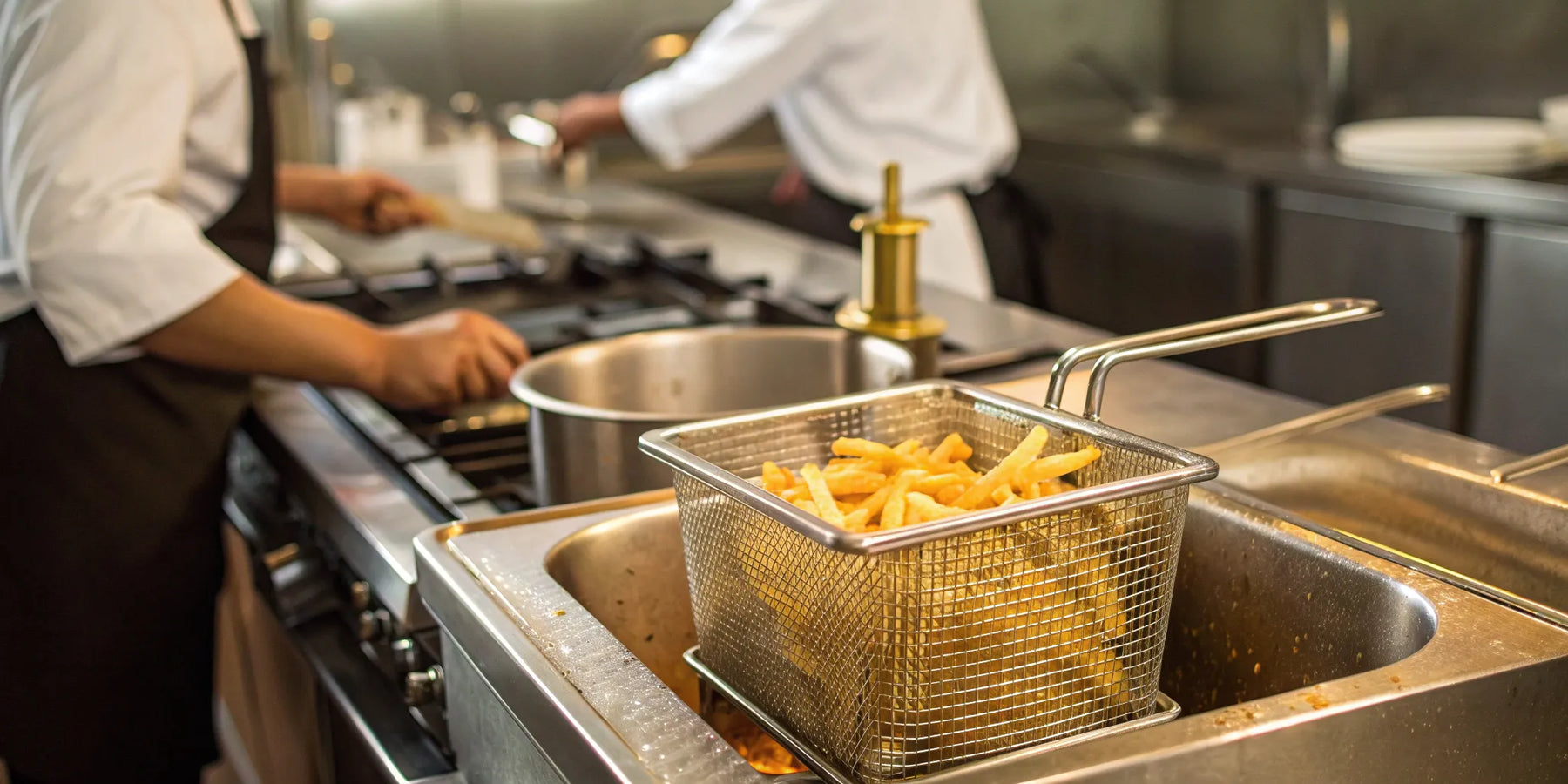 Commercial fryer basket of fries.