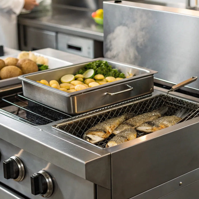 Commercial gas deep fryer cooking food.