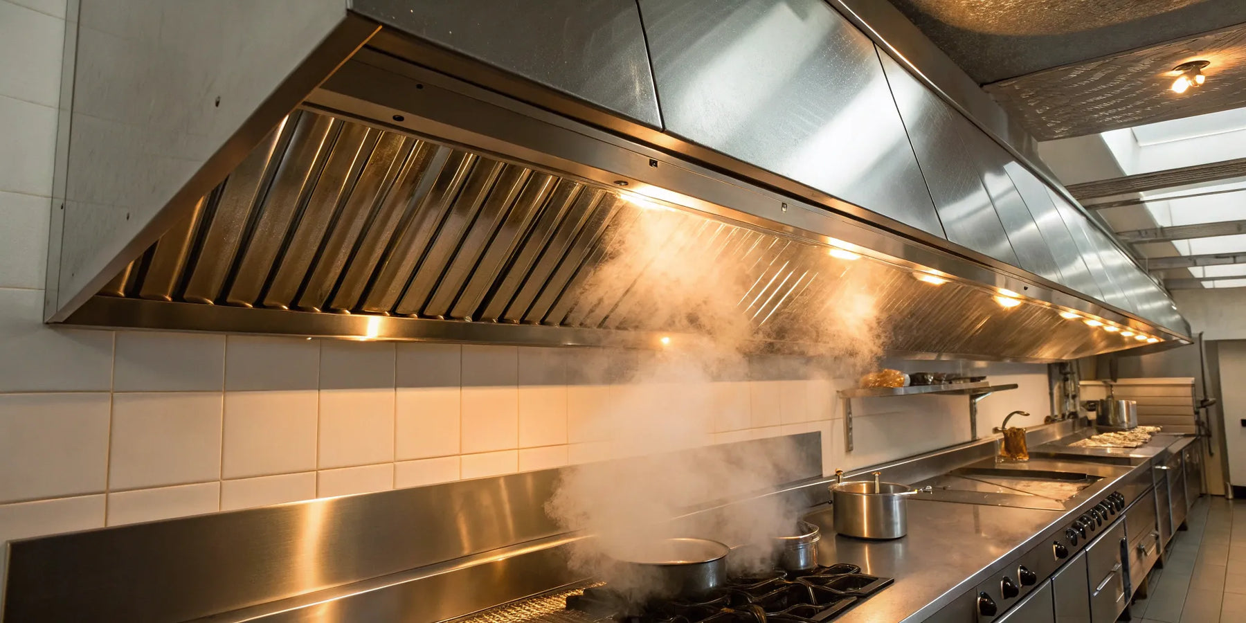 Stainless steel commercial kitchen exhaust hood.