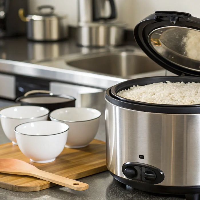 Commercial rice cooker steaming perfect rice.