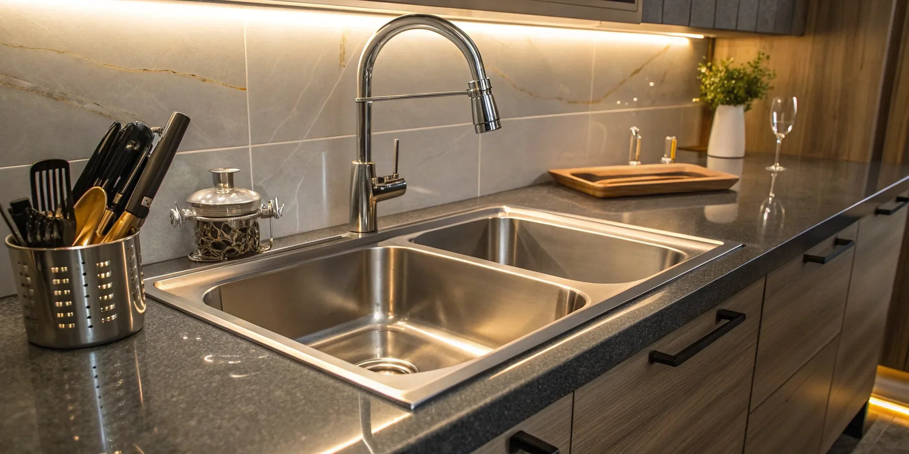 Commercial stainless steel double sink.