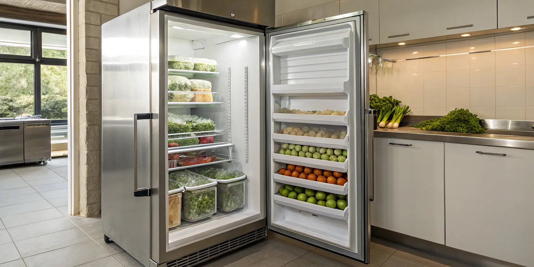 Commercial upright freezer with organized frozen food.