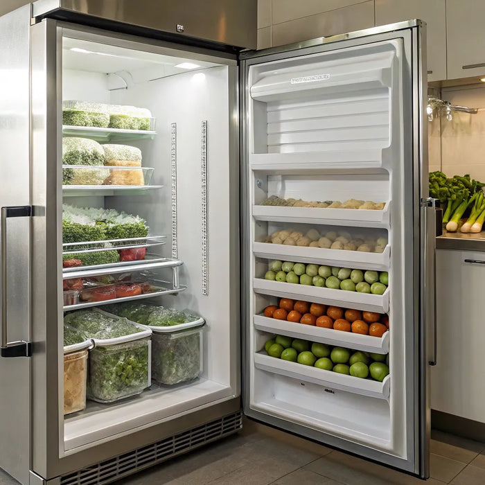 Commercial upright freezer with organized frozen food.