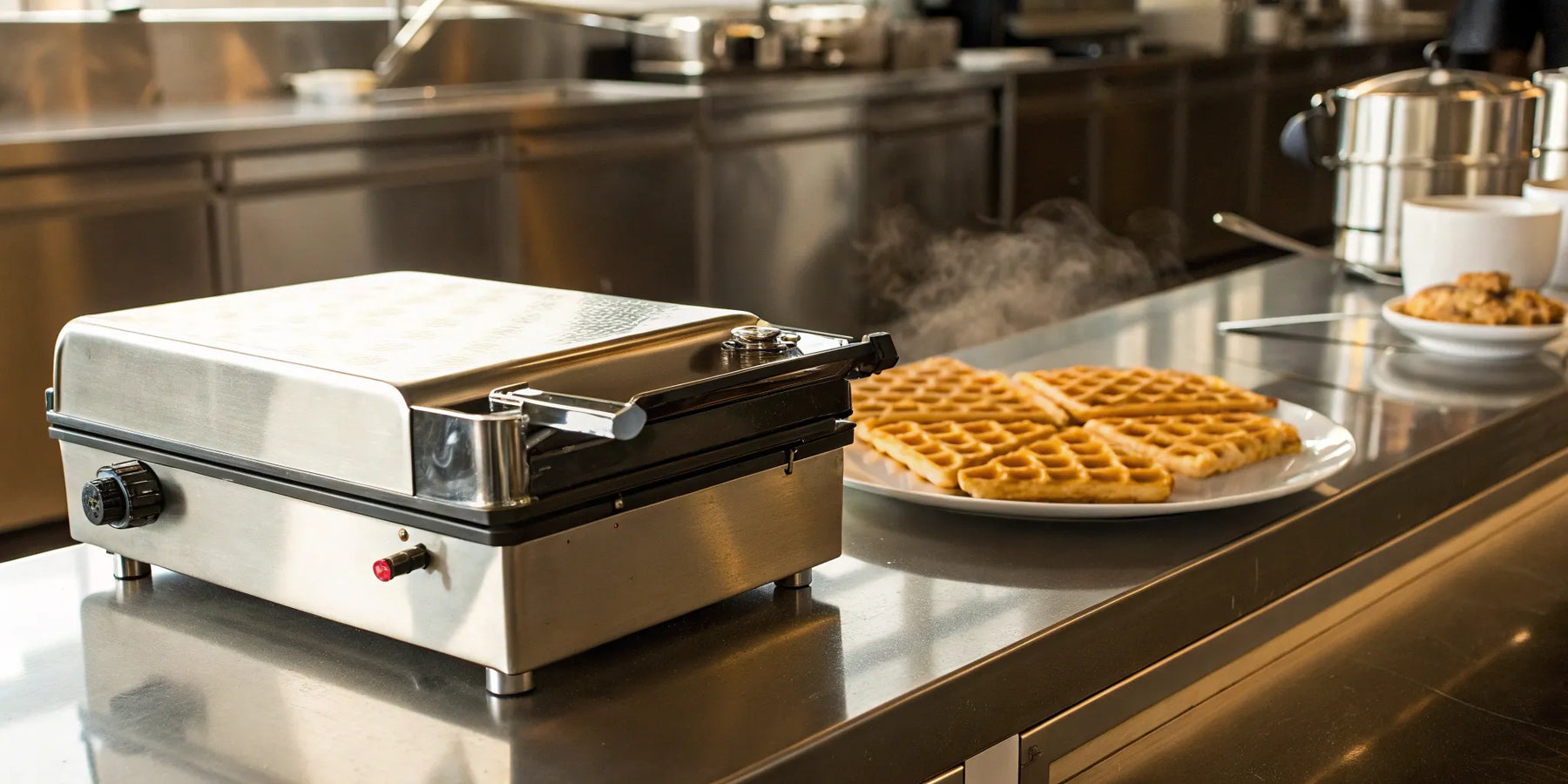 Commercial waffle maker producing hot, fresh waffles.