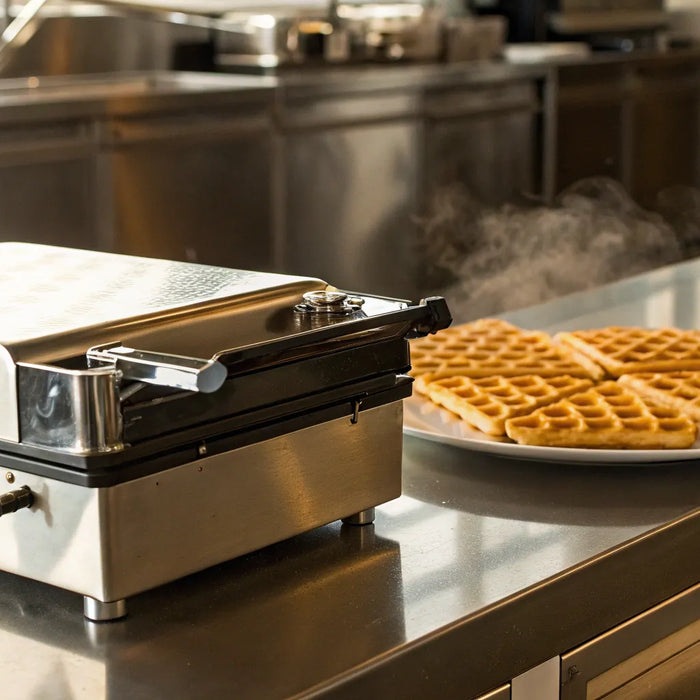 Commercial waffle maker producing hot, fresh waffles.